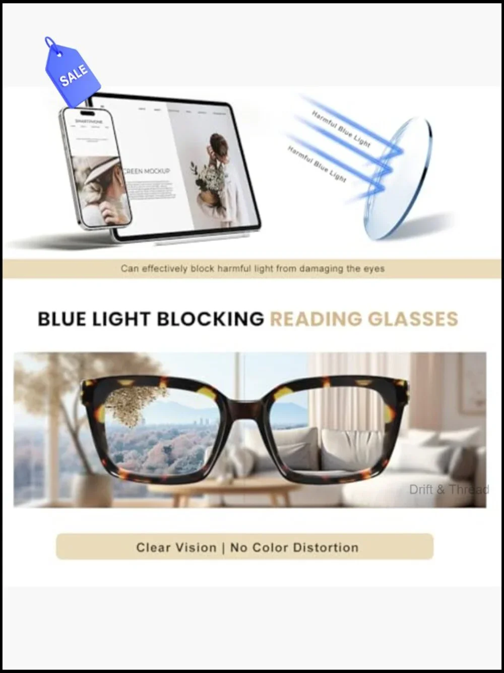 Blue light blocking reading glasses oversize square spring hinge